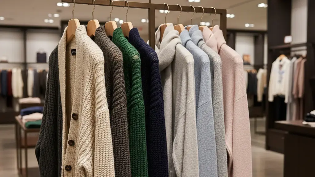 vêtements en laine et cachemire suspendus sur des cintres