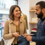 une femme récupère son jean réparé par un couturier grâce au système refashion