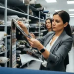 une femme regarde des échantillons de tissus dans un entrepôt de fournisseur textile