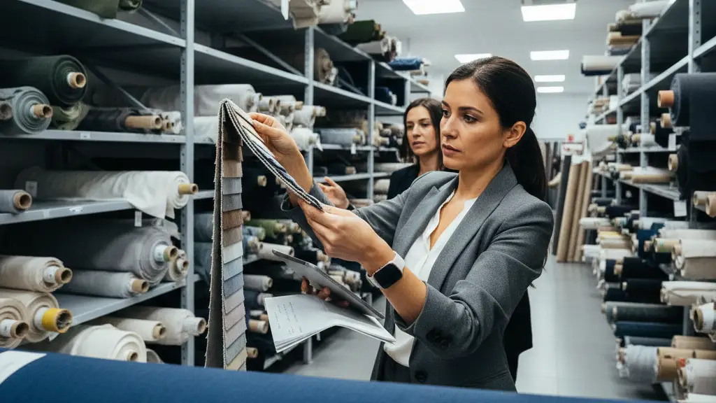 une femme regarde des échantillons de tissus dans un entrepôt de fournisseur textile
